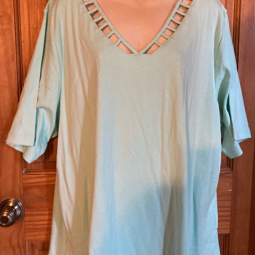 Karen Scott Light Green Lattice V-Neck Tunic